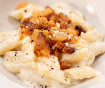 MEZZE PENNE RIGATE WITH CHEESE, PEPPER AND GUANCIALE