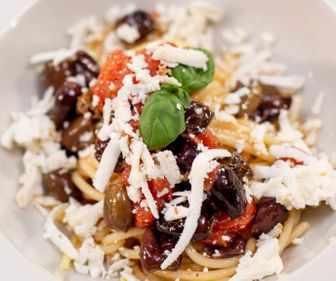 SPAGHETTI WITH TAGGIASCA OLIVES AND CHERRY TOMATOES